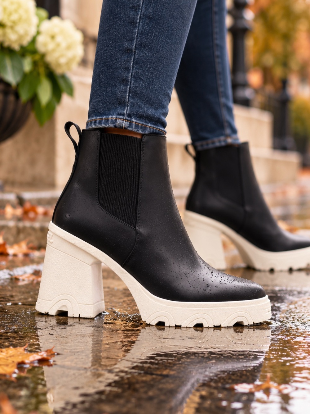 SOREL Brex Heel Chelsea Boots Black/Sea Salt Waterproof Leather Size 7
